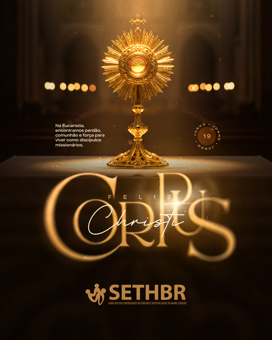✨ Solenidade de Corpus Christi
Hoje, celebramos a presença real de Cristo na Eucaristia. 🙏
Na Eucaristia, encontramos perdão, comunhão e força para viver como verdadeiros discípulos missionários. Que este dia renove nossa fé, esperança e amor! 💛
“O pão que eu darei é a minha carne para a vida do mundo.” (Jo 6,51)
#CorpusChristi #Fé #Esperança #Amor #SETHBR #SindicatoComVocê #TurismoEHospitalidade
Conte com a gente!
Sempre ao lado do trabalhador.
📞Fale com o Sethbr: (14) 3227-7431 ou 3227-7283
📲 Para saber mais sobre o nosso trabalho, acesse: www.sethbr.com.br
#sethbrbauru #sindicato #bauru #sethbr #aposentadoria #direitodotrabalhador #condomínios #edificio #baurucity