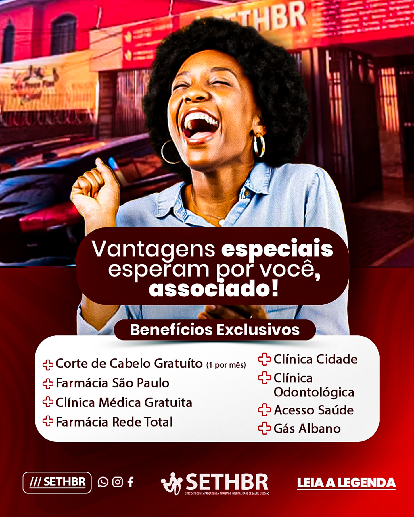 💙 **ASSOCIADO SETHBR TEM VANTAGENS EXCLUSIVAS!**
Você que é associado ao SETHBR aproveita uma série de benefícios especiais para cuidar da saúde, bem-estar e economia do dia a dia:
💇♂️ Corte de cabelo gratuito (1 por mês)
💊 Descontos em medicamentos: Farmácia São Paulo + Farmácia Rede Total
🏥 Clínica médica gratuita
🦷 Clínica odontológica
🏥 Acesso à Clínica Cidade e Acesso Saúde
🔥 Gás Albano com condições especiais
Tudo isso pensado para você, trabalhador da nossa base!
👉 Aproveite seus direitos. É mais do que um sindicato. É cuidado de verdade!
\#SETHBR #BenefíciosParaAssociados #CuidandoDeVocê #TrabalhadorValorizado
Conte com a gente!
Sempre ao lado do trabalhador.
📞Fale com o Sethbr: (14) 3227-7431 ou 3227-7283
📲 Para saber mais sobre o nosso trabalho, acesse: www.sethbr.com.br
#sethbrbauru #sindicato #bauru #sethbr #aposentadoria #direitodotrabalhador #condomínios #edificio #baurucity