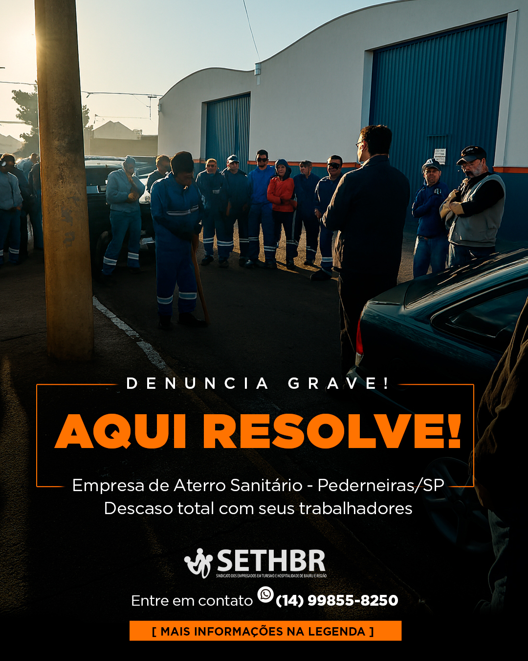 🍊 AQUI RESOLVE 🍊
O SETHBR esteve hoje cedo no galpão da empresa de aterro sanitário da cidade de Pederneiras/SP para averiguar denúncias feitas por trabalhadores da categoria.
👷♂️ Conversamos com cerca de 30 trabalhadores e também com representantes da empresa, da prefeitura e da fiscalização. Veja o que encontramos:
✅ Trabalhadores sem registro: a empresa afirmou ter regularizado todos os contratos.
⚠️ Insalubridade: explicamos que o adicional varia de 10% a 40% e depende de perícia. A empresa se comprometeu a disponibilizar os laudos técnicos (PCMSO, PPRA e LTCAT) para análise.
🧤 EPIs: encontramos o proprietário distribuindo os equipamentos no local e ele se comprometeu a apresentar os documentos assinados pelos trabalhadores.
📣 Orientamos todos sobre seus direitos e reforçamos os canais de contato com o SETHBR para denúncias e acompanhamento de casos.
💌 As notificações serão encaminhadas por e-mail com cópia para todos os envolvidos, garantindo total transparência.
🎁 Também sorteamos 4 cestas básicas entre os trabalhadores presentes.
🚫 Mas vamos falar a verdade: o sindicato ter que ir junto comprar EPI com a empresa? Isso é o fim da picada!
📢 O SETHBR segue presente, atuante e ao lado de quem trabalha!
#SETHBRPresente #AquiResolve #FiscalizaçãoJá #TrabalhoComDignidade #DireitosGarantidos #RespeitoAoTrabalhador #EPINãoÉFavor #AterroSanitário #Pederneiras #ValorizaçãoJá
Conte com a gente!
Sempre ao lado do trabalhador.
📞Fale com o Sethbr: (14) 3227-7431 ou 3227-7283
📲 Para saber mais sobre o nosso trabalho, acesse: www.sethbr.com.br
#sethbrbauru #sindicato #bauru #sethbr #aposentadoria #direitodotrabalhador #condomínios #edificio #baurucity