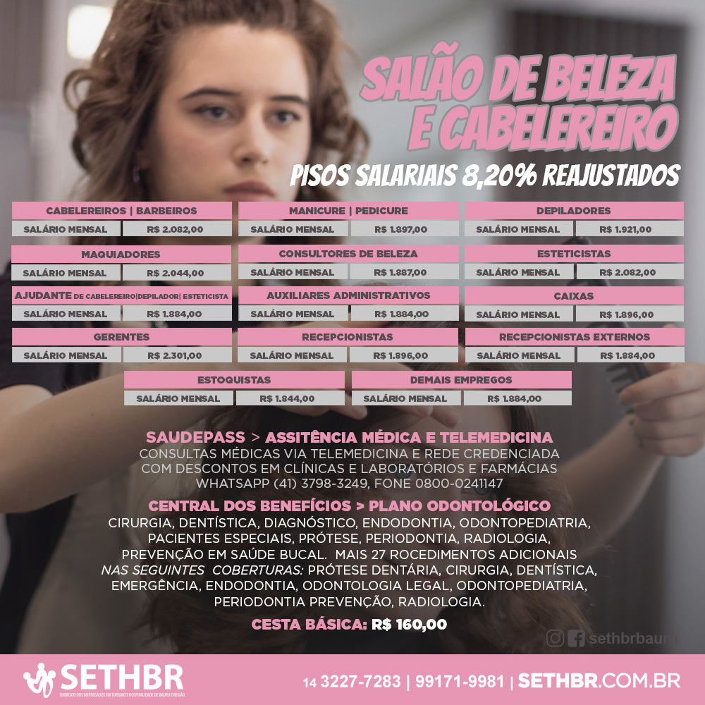💇♀️💅 Novos pisos salariais reajustados para profissionais de salões de beleza e estética!
⠀
📌 Cabeleireiros, barbeiros, maquiadores, manicures, pedicures, depiladores, esteticistas, consultores de beleza, auxiliares administrativos, recepcionistas e demais funções já contam com 8,20% de reajuste.
⠀
✅ Além do salário reajustado, os trabalhadores têm direito a:
📦 Cesta básica de R$ 160,00
🦷 Plano odontológico completo
🏥 SaúdePass: assistência médica e telemedicina
⠀
📲 Mais informações: (14) 3227-7283 | (14) 99171-9981
🌐 sethbr.com.br
⠀
#SETHBR #TurismoEHospedagem #Beleza #Estética #DireitosTrabalhistas #ReajusteSalarial #Valorização
Conte com a gente!
Sempre ao lado do trabalhador.
📞Fale com o Sethbr: (14) 3227-7431 ou 3227-7283
📲 Para saber mais sobre o nosso trabalho, acesse: www.sethbr.com.br
#sethbrbauru #sindicato #bauru #sethbr #aposentadoria #direitodotrabalhador #condomínios #edificio #baurucity