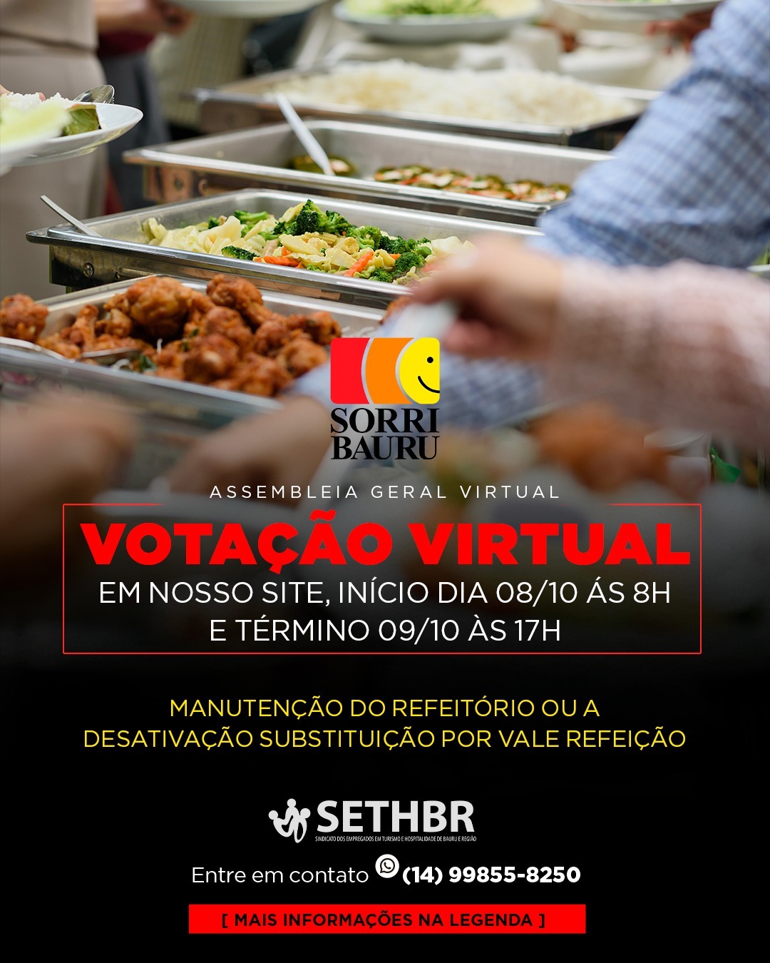 Sorri Bauru realiza votação virtual sobre refeitório ou vale-refeição
O Sindicato dos Empregados da Turma e Hospitalidade de Bauru e Região (SETHBR) informa que está aberta a Assembleia Geral Virtual dos trabalhadores da Sorri Bauru, para deliberar sobre um tema importante: a manutenção do refeitório atual ou a substituição por vale-refeição.
A votação ocorre de forma 100% online, garantindo praticidade e participação de todos os colaboradores.
📅 Início: 08/10 às 8h
⏰ Término: 09/10 às 17h
Os trabalhadores podem registrar seu voto através do link:
👉 https://www.sethbr.com.br
O SETHBR reforça a importância da participação de todos, pois a decisão impactará diretamente nas condições de alimentação dos funcionários. A entidade segue comprometida com a transparência e a democracia nas decisões que envolvem o coletivo da categoria.
Em caso de dúvidas ou dificuldades no acesso à plataforma, entre em contato pelo WhatsApp: (14) 99855-8250.
Conte com a gente!
Sempre ao lado do trabalhador.
📞Fale com o Sethbr: (14) 3227-7431 ou 3227-7283
📲 Para saber mais sobre o nosso trabalho, acesse: www.sethbr.com.br
#sethbrbauru #sindicato #bauru #sethbr #aposentadoria #direitodotrabalhador #condomínios #edificio #baurucity